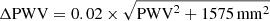 $ \Delta\mathrm{PWV}=0.02\times \sqrt{\mathrm{PWV }^2 + 1575\,\mathrm{mm}^2} $
