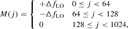 $$ \begin{aligned} M(j)= {\left\{ \begin{array}{ll} +\Delta f_{ \mathrm{LO} }&0 \le j < 64 \\ -\Delta f_{ \mathrm{LO} }&64 \le j < 128 \\ 0&128 \le j < 1024 , \\ \end{array}\right.} \end{aligned} $$