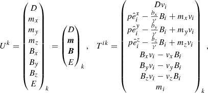 Mathematical equation: $$ \begin{aligned} U^{k} = \begin{pmatrix} D\\ m_x\\ m_{ y}\\ m_z\\ B_x\\ B_{ y}\\ B_z\\ E \end{pmatrix}_k = \begin{pmatrix} D\\ \boldsymbol{m}\\ \boldsymbol{B}\\ E \end{pmatrix}_k, \quad T^{ik} = \begin{pmatrix} D{ v}_i \\ p\hat{e}^x_i -\frac{b_x}{\gamma } B_i + m_x { v}_i \\ p\hat{e}^{ y}_i-\frac{b_{ y}}{\gamma } B_i + m_{ y} { v}_i\\ p\hat{e}^z_i - \frac{b_z}{\gamma } B_i + m_z { v}_i \\ B_x { v}_i-{ v}_x B_i \\ B_{ y} { v}_i-{ v}_{ y} B_i \\ B_z { v}_i-{ v}_z B_i \\ m_i \end{pmatrix}_k, \end{aligned} $$