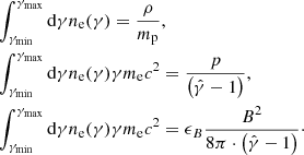 Mathematical equation: $$ \begin{aligned}&\int _{\gamma _{\rm min}}^{\gamma _{\rm max}} \mathrm{d}\gamma n_{\rm e}(\gamma ) = \frac{\rho }{m_{\rm p}},\nonumber \\&\int _{\gamma _{\rm min}}^{\gamma _{\rm max}}\mathrm{d}\gamma n_{\rm e}(\gamma ) \gamma m_{\rm e} c^2 = \frac{p}{\left(\hat{\gamma }-1\right)},\nonumber \\&\int _{\gamma _{\rm min}}^{\gamma _{\rm max}} \mathrm{d}\gamma n_{\rm e}(\gamma ) \gamma m_{\rm e} c^2 = \epsilon _B \frac{B^2}{8\pi \cdot \left(\hat{\gamma }-1\right)}\cdot \end{aligned} $$