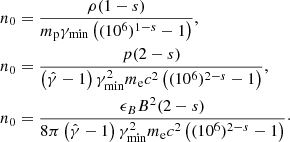 Mathematical equation: $$ \begin{aligned}&n_0 = \frac{\rho (1-s)}{m_{\rm p}\gamma _{\rm min}\left((10^6)^{1-s}-1\right)},\nonumber \\&n_0 = \frac{p(2-s)}{\left(\hat{\gamma }-1\right)\gamma _{\rm min}^2m_{\rm e} c^2 \left((10^6)^{2-s}-1\right)},\nonumber \\&n_0 = \frac{\epsilon _B B^2(2-s)}{8\pi \left(\hat{\gamma }-1\right) \gamma _{\rm min}^2m_{\rm e} c^2\left((10^6)^{2-s}-1\right)}\cdot \end{aligned} $$