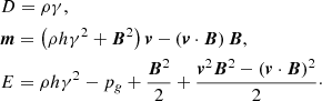 Mathematical equation: $$ \begin{aligned}&D = \rho \gamma ,\nonumber \\&\boldsymbol{m} = \left(\rho h \gamma ^2 + \boldsymbol{B}^2\right)\boldsymbol{v} - \left(\boldsymbol{v}\cdot \boldsymbol{B}\right)\boldsymbol{B},\nonumber \\&E = \rho h\gamma ^2 - p_g +\frac{{\boldsymbol{B}}^2}{2} + \frac{{\boldsymbol{v}}^2{\boldsymbol{B}}^2 - \left({\boldsymbol{v}}\cdot {\boldsymbol{B}}\right)^2}{2}\cdot \end{aligned} $$