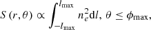 $$ \begin{aligned} S\left(r,\theta \right)\propto \int _{-l_{\rm max}}^{l_{\rm max}} n_e^2 \mathrm{d}l, \,\theta \le \phi _{\rm max} , \end{aligned} $$