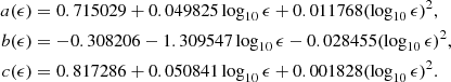 Mathematical equation: $$ \begin{aligned} a(\epsilon )&= 0.715029+0.049825 \log _{10}\epsilon +0.011768(\log _{10}\epsilon )^2, \\ b(\epsilon )&= -0.308206-1.309547 \log _{10}\epsilon -0.028455(\log _{10}\epsilon )^2, \\ c(\epsilon )&= 0.817286+0.050841 \log _{10}\epsilon +0.001828(\log _{10}\epsilon )^2. \end{aligned} $$