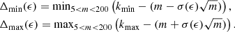 Mathematical equation: $$ \begin{aligned}&\Delta _{\rm min}(\epsilon ) = \mathrm{min}_{5<m<200} \left(k_{\rm min} - (m - \sigma (\epsilon )\sqrt{m})\right),\\&\Delta _{\rm max}(\epsilon ) = \mathrm{max}_{5 < m < 200} \left(k_{\rm max} - (m + \sigma (\epsilon )\sqrt{m})\right). \end{aligned} $$