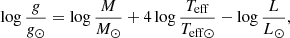 Mathematical equation: $$ \begin{aligned} \log \frac{{g}}{{g}_{\odot }} = \log \frac{M}{M_{\odot }} + 4\log \frac{T_{\rm eff}}{T_{\rm eff\odot }} - \log \frac{L}{L_{\odot }} , \end{aligned} $$