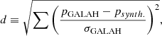 $$ \begin{aligned} d \equiv \sqrt{ \sum \left( \frac{ p_{\text{GALAH}} - p_{synth.} }{\sigma _{\text{GALAH}}} \right)^2 }, \end{aligned} $$