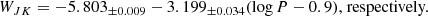 Mathematical equation: $$ \begin{aligned} W_{JK} = -5.803_{{\pm }0.009}-3.199_{{\pm }0.034}(\log P - 0.9)\text{,} \text{ respectively.} \end{aligned} $$