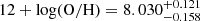Mathematical equation: $ 12 + \log(\mathrm{O/H}) = 8.030^{+0.121}_{-0.158} $
