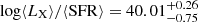 Mathematical equation: $ \log \langle L_{\mathrm{X}}\rangle/\langle \mathrm{SFR}\rangle = 40.01^{+0.26}_{-0.75} $