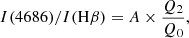 Mathematical equation: $$ \begin{aligned} I(4686)/I(\mathrm{H}\beta ) = A \times \frac{Q_2}{Q_0}, \end{aligned} $$