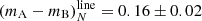 Mathematical equation: $ (m_{\mathrm{A}} - m_{\mathrm{B}})^{\mathrm{line}}_{N} = 0.16 \pm 0.02 $