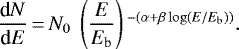 \begin{equation*} \frac{\textrm{d}N}{\textrm{d}E}\,{=}\,N_0 \; \left(\frac{E}{E_{\textrm{b}}}\right){}^{-(\alpha+\beta\log(E/E_{\textrm{b}}))}.\end{equation*}