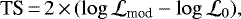 \begin{equation*} \textrm{TS}\,{=}\,2\,{\times}\,(\log \mathcal{L}_{\textrm{mod}} - \log \mathcal{L}_0),\end{equation*}