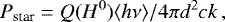 \begin{equation*}P_{\textrm{star}} = Q(H^0) \langle h\nu \rangle / 4 \pi d^2 c k \,, \end{equation*}