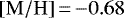 Mathematical equation: ${\left[\mathrm{M}/\mathrm{H}\right]}\,{=}\,{-}0.68$