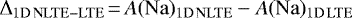 Mathematical equation: $\Delta_{\mathrm{\mathrm{1D\,NLTE-LTE}}}\,{=}\,A(\mathrm{Na})_{\mathrm{1D\,NLTE}}-A(\mathrm{Na})_{\mathrm{1D\,LTE}}$