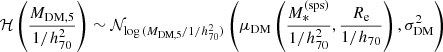 Mathematical equation: $$ \begin{aligned} \mathcal{H} \left(\frac{M_{\mathrm{DM} ,5}}{1/h_{70}^2}\right)&\sim \mathcal{N} _{\log {(M_{\mathrm{DM} ,5}/1/h_{70}^2)}}\left(\mu _{\mathrm{DM} }\left(\frac{M_*^{\mathrm{(sps)} }}{1/h_{70}^2},\frac{R_{\mathrm{e} }}{1/h_{70}}\right), \sigma _{\mathrm{DM} }^2\right) \end{aligned} $$