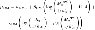 Mathematical equation: $$ \begin{aligned} \mu _{\mathrm{DM} }&= \mu _{\mathrm{DM} ,0} + \beta _{\mathrm{DM} }\left(\log {\left(\frac{M_*^{\mathrm{(sps)} }}{1/h_{70}^2}\right)} - 11.4\right) + \nonumber \\&\xi _{\mathrm{DM} }\left(\log {\left(\frac{R_{\mathrm{e} }}{1/h_{70}}\right)} - \mu _R\left(\frac{M_*^{\mathrm{(sps)} }}{1/h_{70}^2}\right)\right) \end{aligned} $$