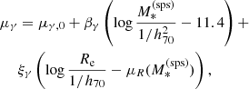 Mathematical equation: $$ \begin{aligned} \mu _\gamma&= \mu _{\gamma ,0} + \beta _\gamma \left(\log {\frac{M_*^{\mathrm{(sps)} }}{1/h_{70}^2}} - 11.4\right) + \nonumber \\&\xi _\gamma \left(\log {\frac{R_{\mathrm{e} }}{1/h_{70}}} - \mu _R(M_*^{\mathrm{(sps)} })\right), \end{aligned} $$
