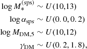 Mathematical equation: $$ \begin{aligned} \log {M_*^{\mathrm{(sps)} }}&\sim U(10,13) \nonumber \\ \log {\alpha _{\mathrm{sps} }}&\sim U(0.0, 0.2) \\ \log {M_{\mathrm{DM} ,5}}&\sim U(10,12) \nonumber \\ \gamma _{\mathrm{DM} }&\sim U(0.2, 1.8), \nonumber \end{aligned} $$