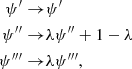 Mathematical equation: $$ \begin{aligned} \psi^\prime \rightarrow&\psi^\prime \nonumber \\ \psi^{\prime \prime }\rightarrow&\lambda \psi^{\prime \prime }+ 1 - \lambda \\ \psi ^{\prime \prime \prime } \rightarrow&\lambda \psi ^{\prime \prime \prime } \nonumber , \end{aligned} $$