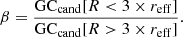 $$ \begin{aligned} \beta =\frac{\mathrm{GC}_{\rm cand}[R < 3\times r_{\rm eff}]}{\mathrm{GC}_{\rm cand}[R>3\times r_{\rm eff}]}. \end{aligned} $$