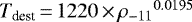${T_{\textrm{dest}}}\,{=}\,1220\,{\times}\,{\rho_{-11}}^{0.0195}$
