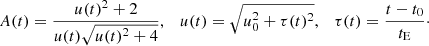 $$ \begin{aligned} A(t) = \frac{u(t)^2 + 2}{u(t)\sqrt{u(t)^2+4}}, \quad u(t) = \sqrt{u_{0}^2+\tau (t)^2}, \quad \tau (t) = \frac{t-t_{0}}{t_{\rm E}}\cdot \end{aligned} $$