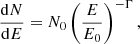Mathematical equation: $$ \begin{aligned} \frac{\mathrm{d}N}{\mathrm{d}E} = N_0 \left(\frac{E}{E_0}\right)^{-\Gamma }, \end{aligned} $$