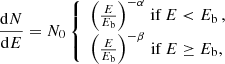 Mathematical equation: $$ \begin{aligned} \frac{\mathrm{d}N}{\mathrm{d}E} = N_\mathrm{0} \left\{ \begin{array}{ll} \left(\frac{E}{E_\mathrm{b} }\right)^{-\alpha }\,\mathrm{if} \,E < E_\mathrm{b} \, , \\ \left(\frac{E}{E_\mathrm{b} }\right)^{-\beta }\,\mathrm{if} \,E\ge E_\mathrm{b} , \end{array}\right. \end{aligned} $$