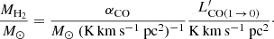 $$ \begin{aligned} \frac{M_{\rm H_2}}{M_\odot }=\frac{\alpha _{\rm CO}}{M_\odot \ \mathrm{(K\,km\,s^{-1}\ pc^{2})^{-1}}}\frac{L^\prime _{\rm CO(1\,{\rightarrow }\,0)}}{\mathrm{K\,km\,s^{-1}\ pc^2}}\cdot \end{aligned} $$