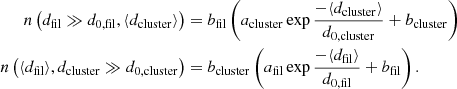 $$ \begin{aligned} n\left(d_{\rm fil}\gg d_{\rm 0,fil},\langle d_{\rm cluster}\rangle \right)&= b_{\rm fil}\left(a_{\rm cluster}\exp \frac{- \langle d_{\rm cluster} \rangle }{d_{\rm 0,cluster}}+b_{\rm cluster}\right)\\ n\left(\langle d_{\rm fil}\rangle ,d_{\rm cluster}\gg d_{\rm 0,cluster}\right)&= b_{\rm cluster}\left(a_{\rm fil}\exp \frac{- \langle d_{\rm fil} \rangle }{d_{\rm 0,fil}}+b_{\rm fil}\right). \end{aligned} $$