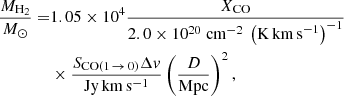 $$ \begin{aligned} \frac{M_{\rm H_2}}{M_\odot }=&1.05\times 10^4\frac{X_{\rm CO}}{2.0\times 10^{20}\ \mathrm{cm^{-2}\ \left(\mathrm{K\,km\,s}^{-1}\right)^{-1}}}\nonumber \\&\times \frac{S_{\rm CO(1\,{\rightarrow }\,0)}\Delta v}{\mathrm{Jy\,km\,s^{-1}}}\left(\frac{D}{\mathrm{Mpc}}\right)^2, \end{aligned} $$