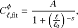 Mathematical equation: \begin{equation*}C^{\phi}_{\ell, \mathrm{fit}} = \frac{A}{1 + \left(\frac{\ell}{\ell_{0}}\right){}^{-s}}, \end{equation*}