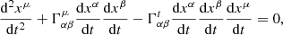 Mathematical equation: $$ \begin{aligned} \frac{{{\mathrm{d}}^{2}}{{x}^{\mu }}}{\mathrm{d}{{t}^{2}}}+\Gamma _{\alpha \beta }^{\mu } \frac{\mathrm{d}{{x}^{\alpha }}}{\mathrm{d}t}\frac{\mathrm{d}{{x}^{\beta }}}{\mathrm{d}t}-\Gamma _{\alpha \beta }^{t}\frac{\mathrm{d}{{x}^{\alpha }}}{\mathrm{d}t}\frac{\mathrm{d}{{x}^{\beta }}}{\mathrm{d}t}\frac{\mathrm{d}{{x}^{\mu }}}{\mathrm{d}t}=0 , \end{aligned} $$