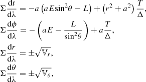Mathematical equation: $$ \begin{aligned}&\Sigma \frac{\mathrm{d}t}{\mathrm{d}\lambda }=-a\left( aE{{\sin }^{2}}\theta -L \right)+\left( {{r}^{2}}+{{a}^{2}} \right)\frac{T}{\Delta } , \nonumber \\&\Sigma \frac{\mathrm{d}\phi }{\mathrm{d}\lambda }=-\left( aE-\frac{L}{{{\sin }^{2}}\theta } \right)+a\frac{T}{\Delta } , \nonumber \\&\Sigma \frac{\mathrm{d}r}{\mathrm{d}\lambda }=\pm \sqrt{{{\mathbb{V} }_{r}}} , \nonumber \\&\Sigma \frac{\mathrm{d}\theta }{\mathrm{d}\lambda }=\pm \sqrt{{{\mathbb{V} }_{\theta }}} , \end{aligned} $$