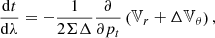 Mathematical equation: $$ \frac{\mathrm{d}t}{\mathrm{d}\lambda }=-\frac{1}{2\Sigma \Delta }\frac{\partial }{\partial {{p}_{t}}}\left( {{\mathbb{V} }_{r}}+\Delta {{\mathbb{V} }_{\theta }} \right) , $$