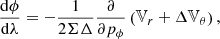 Mathematical equation: $$ \frac{\mathrm{d}\phi }{\mathrm{d}\lambda }=-\frac{1}{2\Sigma \Delta }\frac{\partial }{\partial {{p}_{\phi }}}\left( {{\mathbb{V} }_{r}}+\Delta {{\mathbb{V} }_{\theta }} \right) , $$