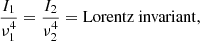 Mathematical equation: $$ \begin{aligned} \frac{{{I}_{1}}}{\nu _{1}^{4}}=\frac{{{I}_{2}}}{\nu _{2}^{4}}=\mathrm{Lorentz\ invariant}, \end{aligned} $$