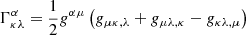 Mathematical equation: $$ \begin{aligned} \Gamma _{\kappa \lambda }^{\alpha }=\frac{1}{2}{{ g}^{\alpha \mu }}\left( {{ g}_{\mu \kappa ,\lambda }}+{{ g}_{\mu \lambda ,\kappa }}-{{ g}_{\kappa \lambda ,\mu }} \right) \end{aligned} $$