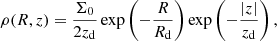 $$ \begin{aligned} \rho (R,z)=\frac{\Sigma _0}{2z_{\rm d}}\exp \left(-\frac{R}{R_{\rm d}}\right)\exp \left(-\frac{|z|}{z_{\rm d}}\right), \end{aligned} $$