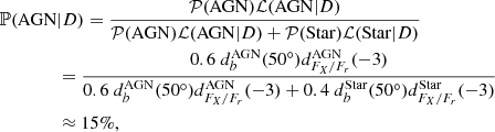 $$ \begin{aligned}&\mathbb{P} (\mathrm{AGN} |D)= \frac{\mathcal{P} (\mathrm{AGN} ) \mathcal{L} (\mathrm{AGN} |D)}{\mathcal{P} (\mathrm{AGN} ) \mathcal{L} (\mathrm{AGN} |D) + \mathcal{P} (\mathrm{Star}) \mathcal{L} (\mathrm{Star}|D)}\\&\qquad \qquad = \frac{0.6\ d_{b}^\mathrm{AGN}(50^{\circ })d_{F_X/F_r}^\mathrm{AGN}(-3)}{0.6\ d_{b}^\mathrm{AGN}(50^{\circ })d_{F_X/F_r}^\mathrm{AGN}(-3) + 0.4\ d_{b}^\mathrm{Star}(50^{\circ })d_{F_X/F_r}^\mathrm{Star}(-3)}\\&\qquad \qquad \approx 15\%, \end{aligned} $$