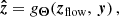 $$ \begin{aligned} \boldsymbol{\hat{z}} = g_{\boldsymbol{\Theta }}(\boldsymbol{z}_{\mathrm{flow}},\, \boldsymbol{y})\, , \end{aligned} $$