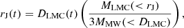 $$ \begin{aligned} r_{\rm J}(t)= {D_{\rm LMC}}(t) \left( \frac{{M_{\rm LMC}}(< r_{\rm J})}{3 {M_{\rm MW}}(< {D_{\rm LMC}})} \right), \end{aligned} $$