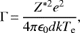 \begin{equation*} \Gamma\,{=}\,\frac{Z^{*2} e^2}{4\pi\epsilon_0 d kT_{\textrm{e}}} ,\end{equation*}