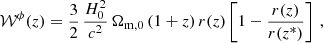 $$ \begin{aligned} \mathcal{W} ^{\phi }(z) = \frac{3}{2}\,\frac{H_0^2}{c^2}\,\Omega _{\rm m,0}\,(1 + z)\,r(z)\left[ 1 - \frac{r(z)}{r(z^*)} \right] \,, \end{aligned} $$