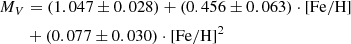 $$ \begin{aligned}&M_V = (1.047 \pm 0.028) + (0.456 \pm 0.063)\cdot \mathrm{[Fe/H]} \nonumber \\&\qquad +(0.077\pm 0.030)\cdot \mathrm{[Fe/H]} ^2 \end{aligned} $$