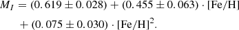 $$ \begin{aligned}&M_I = (0.619 \pm 0.028) + (0.455 \pm 0.063)\cdot \mathrm{[Fe/H]} \nonumber \\&\qquad +(0.075 \pm 0.030)\cdot \mathrm {[Fe/H]}^2 . \end{aligned} $$