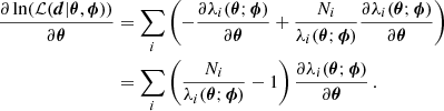 Mathematical equation: $$ \begin{aligned} \frac{\partial \ln (\mathcal{L} (\boldsymbol{d}|\boldsymbol{\theta },\boldsymbol{\phi }))}{ \partial \boldsymbol{\theta }}&= \sum _i \left( - \frac{\partial \lambda _i(\boldsymbol{\theta };\boldsymbol{\phi })}{ \partial \boldsymbol{\theta }} + \frac{N_i}{\lambda _i(\boldsymbol{\theta };\boldsymbol{\phi })}\frac{\partial \lambda _i(\boldsymbol{\theta };\boldsymbol{\phi })}{ \partial \boldsymbol{\theta }} \right) \nonumber \\&= \sum _i \left( \frac{N_i}{\lambda _i(\boldsymbol{\theta };\boldsymbol{\phi })}-1 \right) \frac{\partial \lambda _i(\boldsymbol{\theta };\boldsymbol{\phi })}{ \partial \boldsymbol{\theta }} \, . \end{aligned} $$